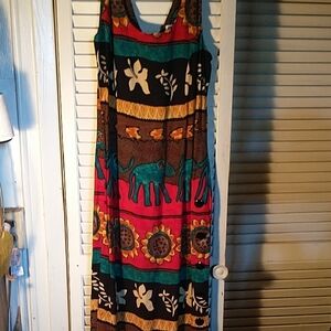 Vintage 80"s WNY rayon long sleeveless dress India print sz 8 red black green